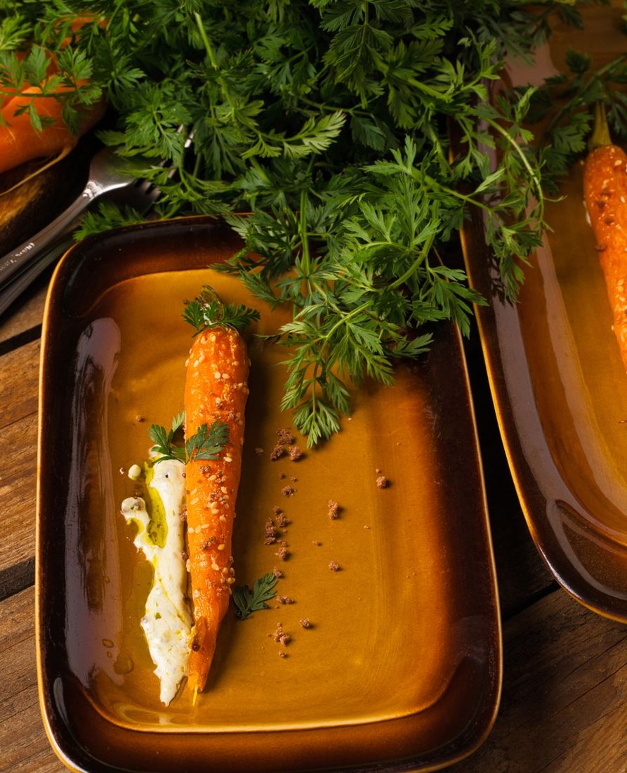 Roasted carrots with lemon yogurt serving suggestion