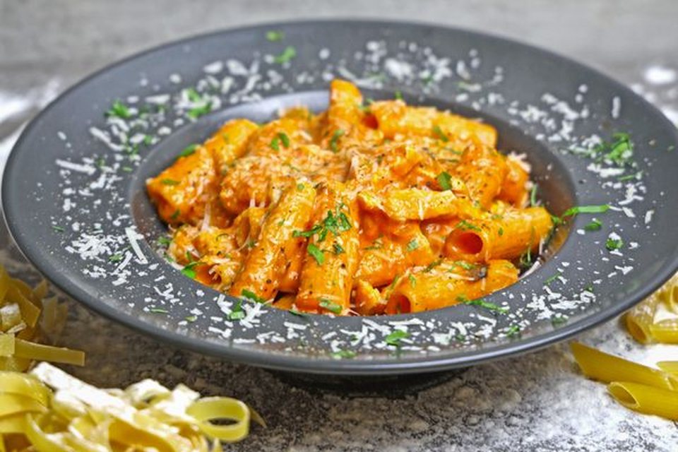 Creamy tomato rigatoni serving suggestion